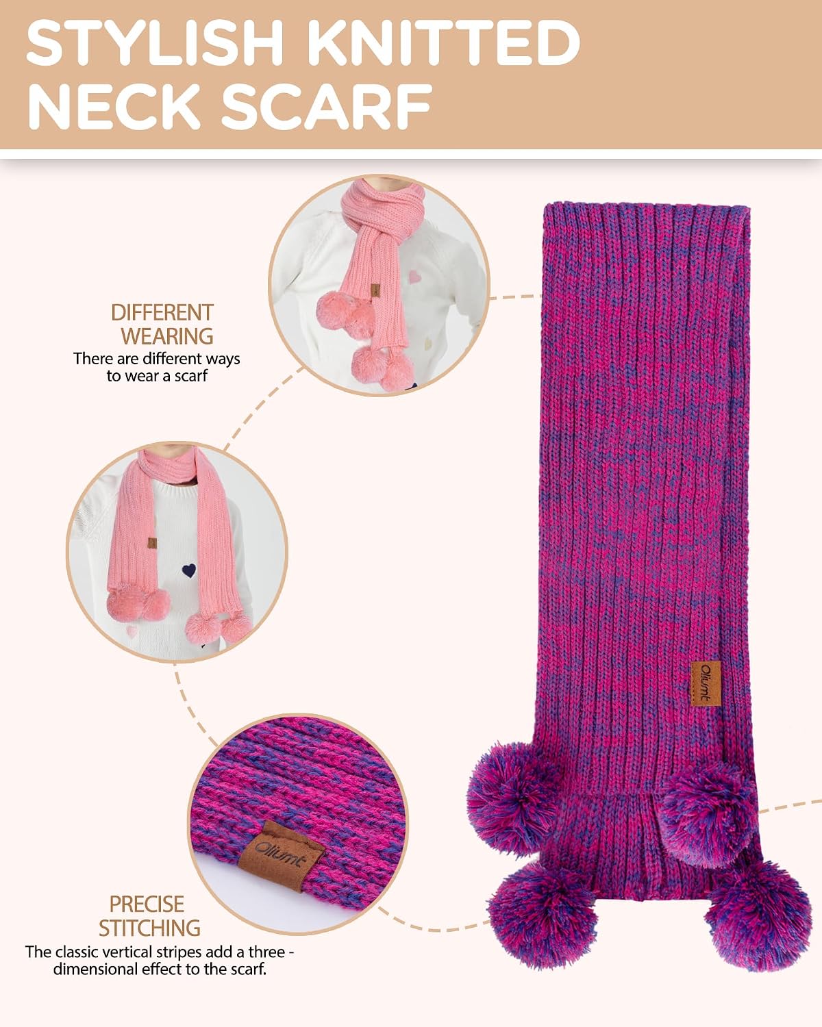 Kids Winter Hat Gloves Scarf Set, Knit Neck Warmer for Boys Girls Beanie & Mittens with 2 Sizes (2-8 & 9-15 Years)