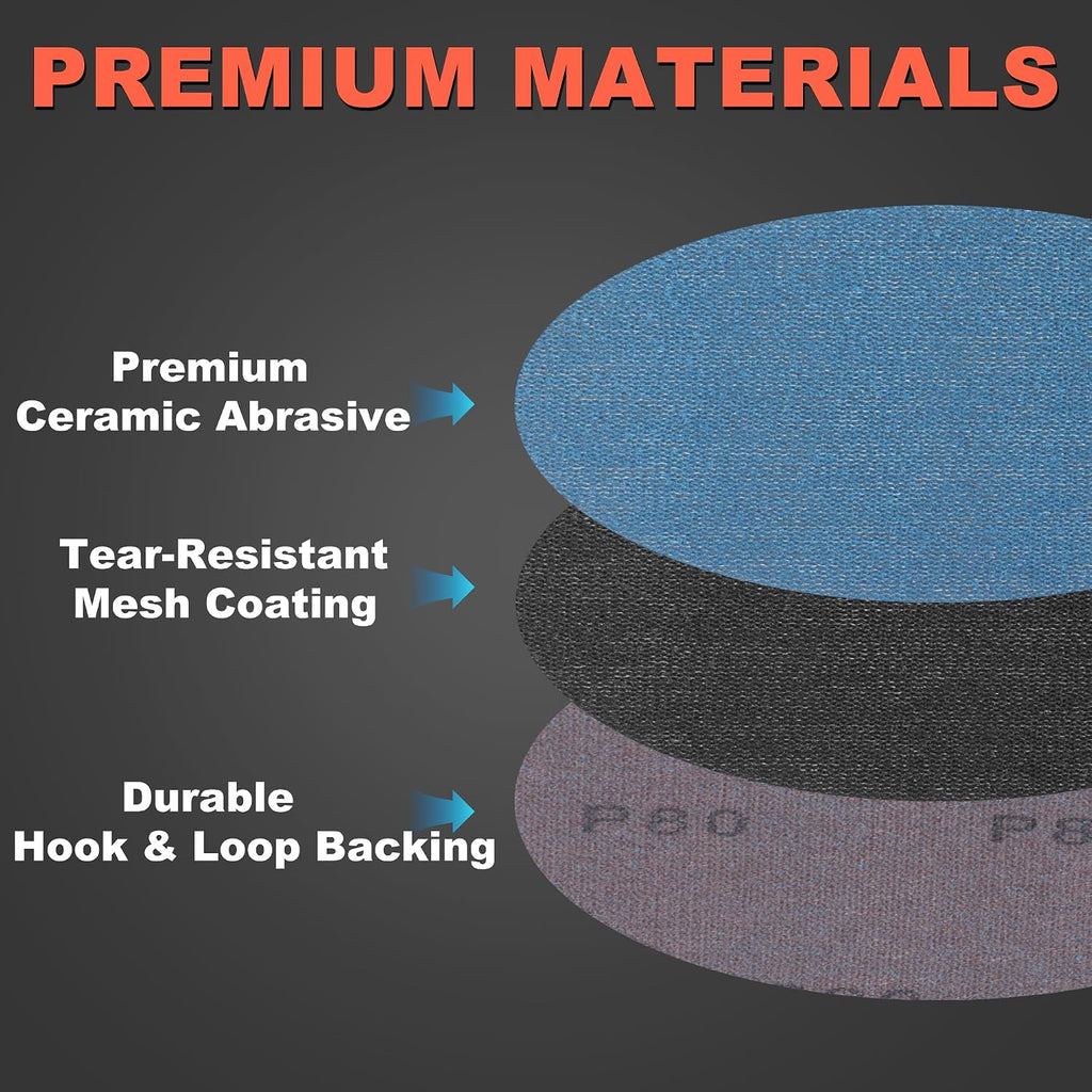 5 Inch Mesh Sanding Discs Assortment: 50Pcs Premium Ceramic Net Sanding Disc 80 120 180 240 320 Assorted Grit