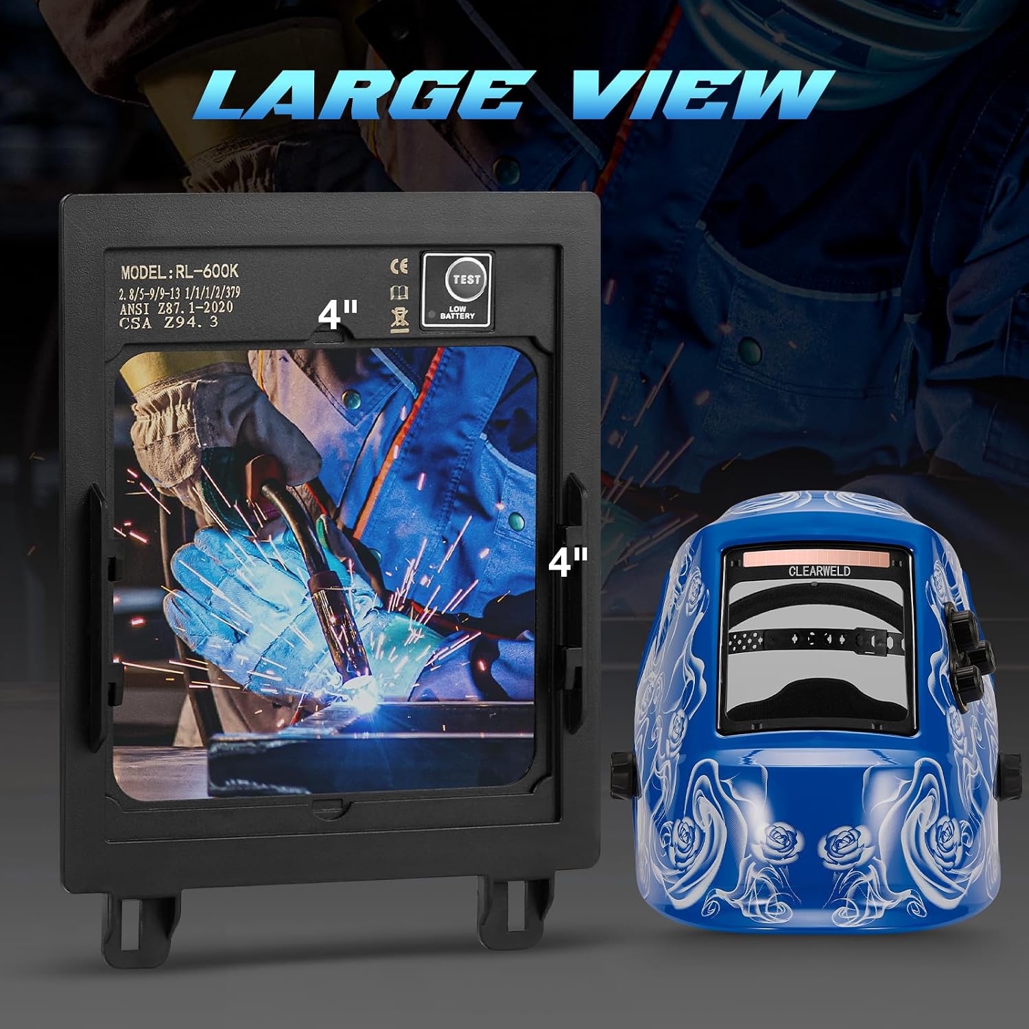 High-Definition Welding Helmet Auto Darkening with a View Like Sunglasses- 180° View 4"X4" Screen with Solar Power, 4
