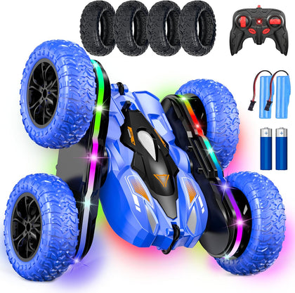 RC Car for Boy Ages 6-12: 2 Batteries 360° Stunt Rotating 4WD Remote Control Toy with Headlights, Indoor Outdoor