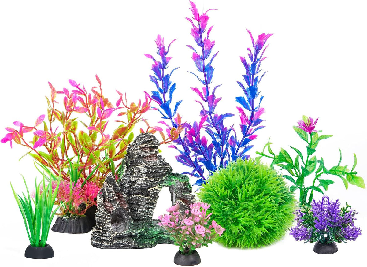 Aquarium Artificial Plants & Rock Cave Betta Fish Tank Decor Set
