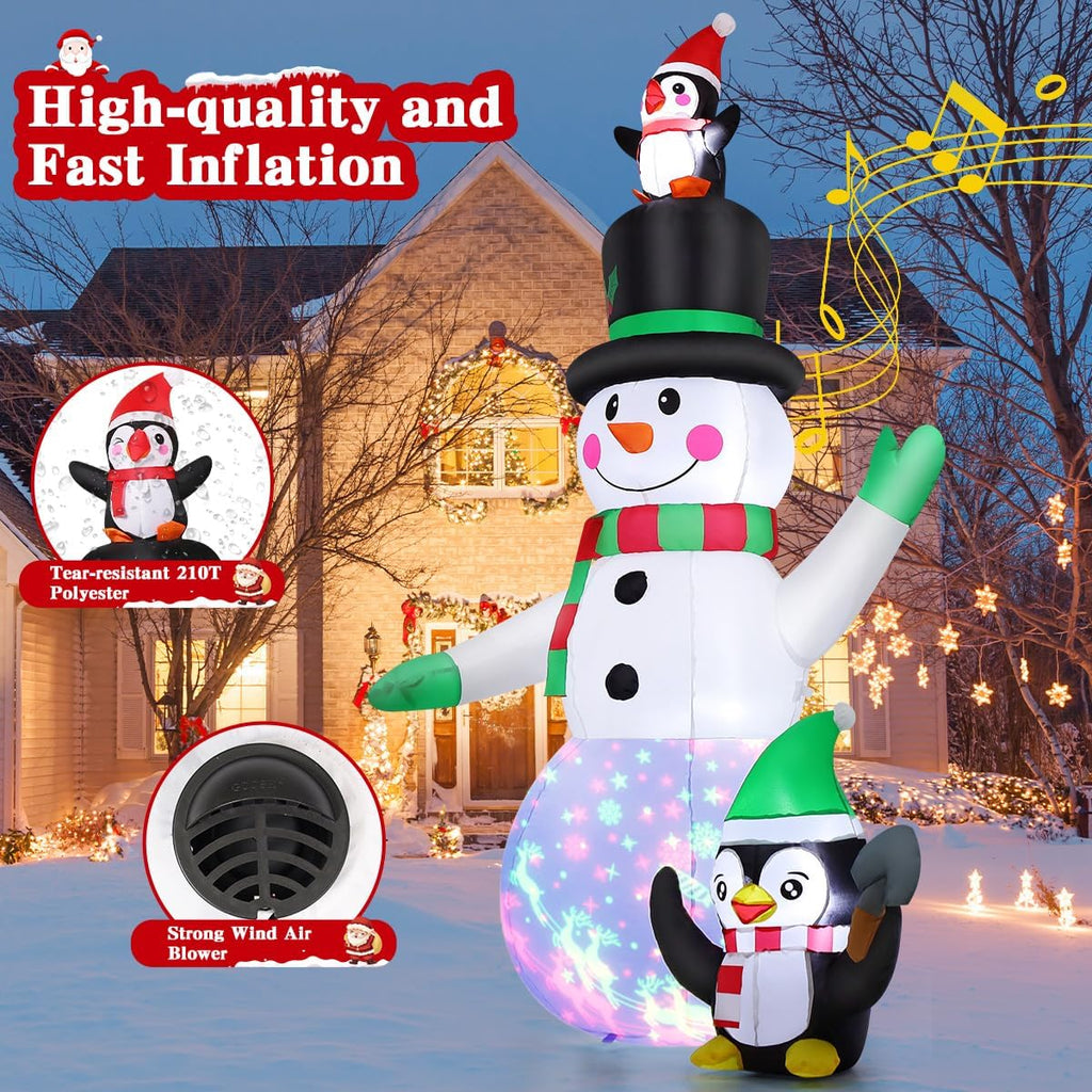 7 FT Christmas Inflatables Snowman and Penguin with Built-in Music & 360° Rotation Colorful Projector LED Light, Blow