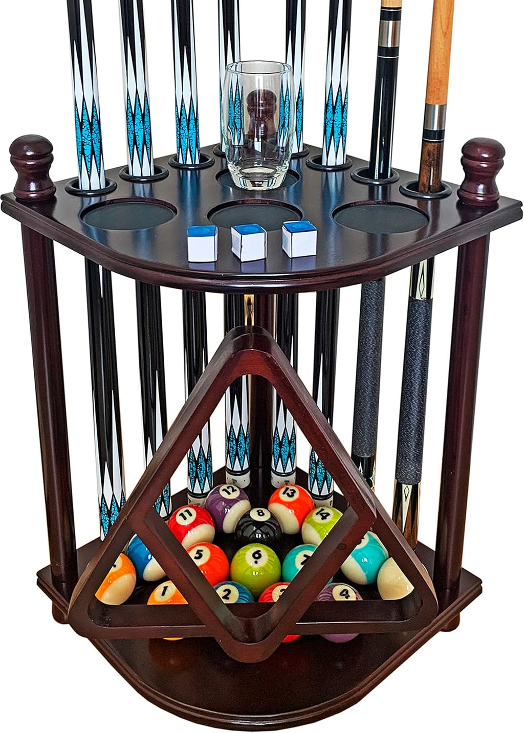 Pool Cue Rack Hold up to 8 Sticks & Billiard Accessories. Floor Stand Pool Cue Stick Holder Made of 100% Solid
