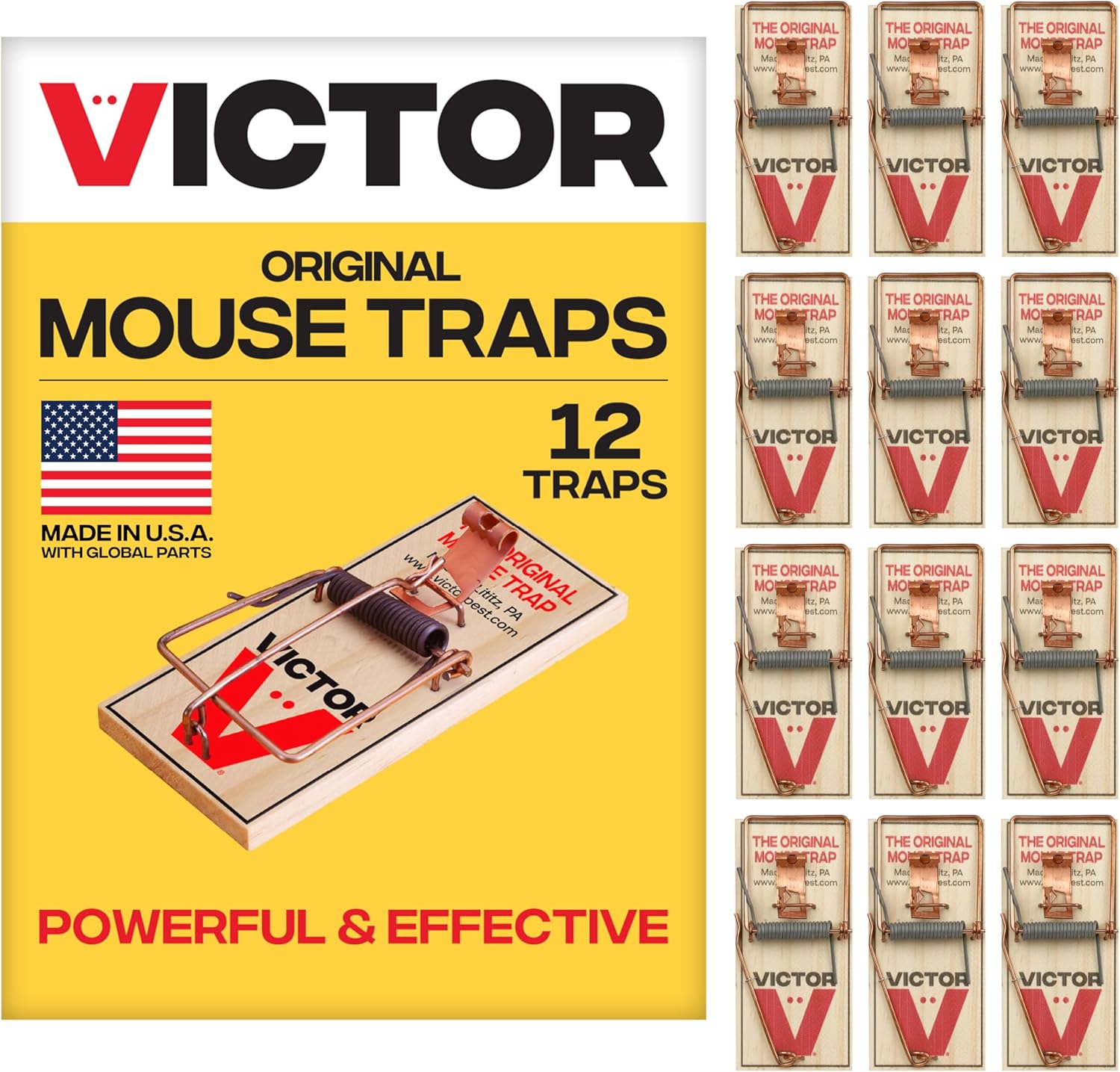 Metal Pedal Mouse Traps, 12-Pack, Reusable Wooden Snap Traps | FSC Certified Wood, Indoor Mice Control Pest