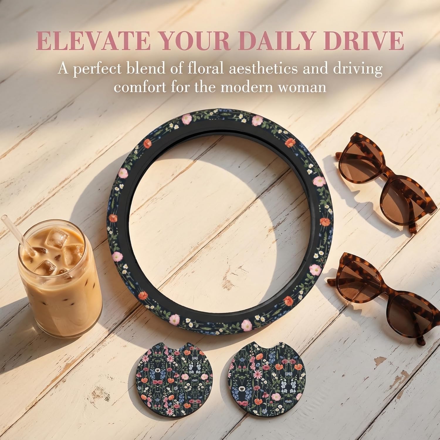 Wildflower Car Steering Wheel Cover + 2 Pieces Car Coasters 15 Inch | Multicolor Wildflower Steering Wheel Cover