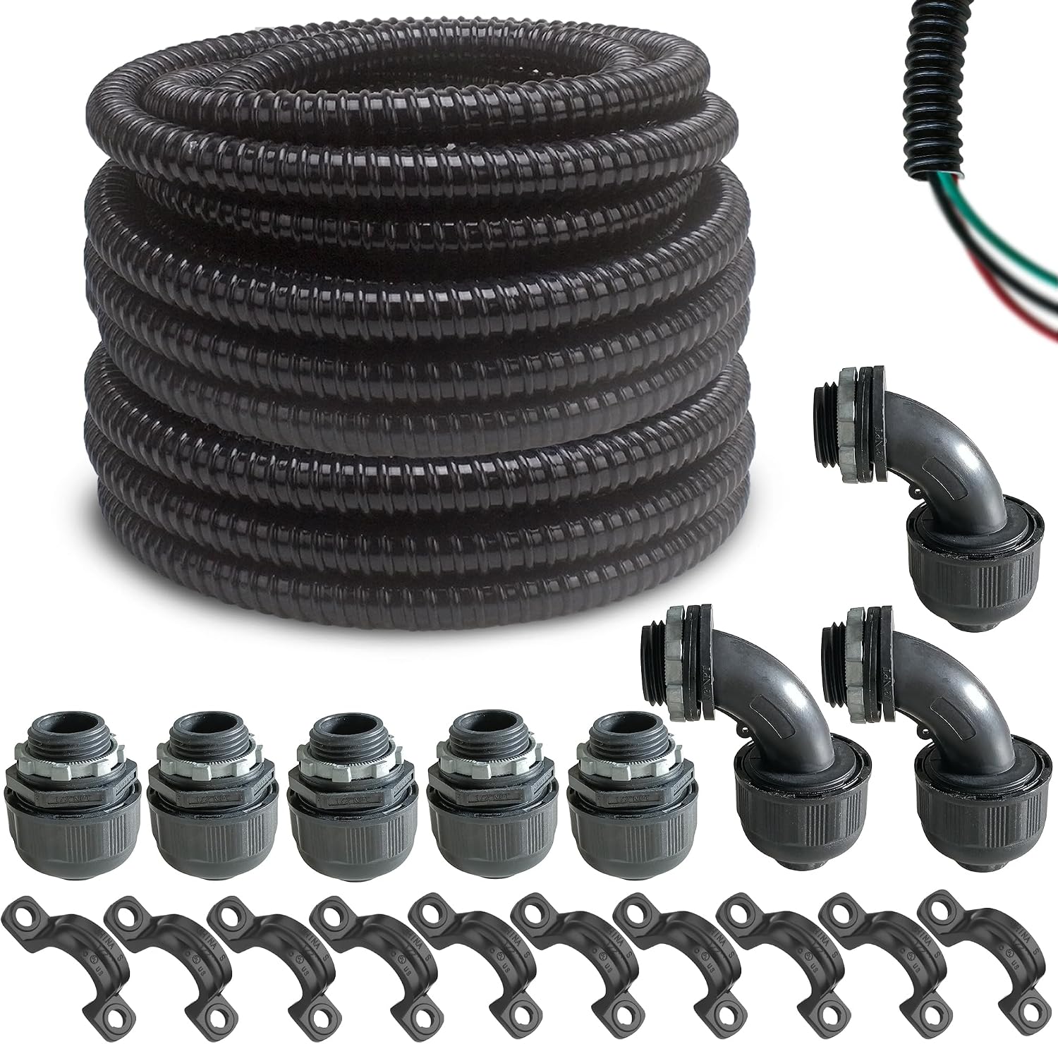 (1/2" Dia * 50 Feet) Yariwiz Black Special Extra Flexible Electrical Conduit Liquid Tight PVC Conduit Kit with 5 PCS
