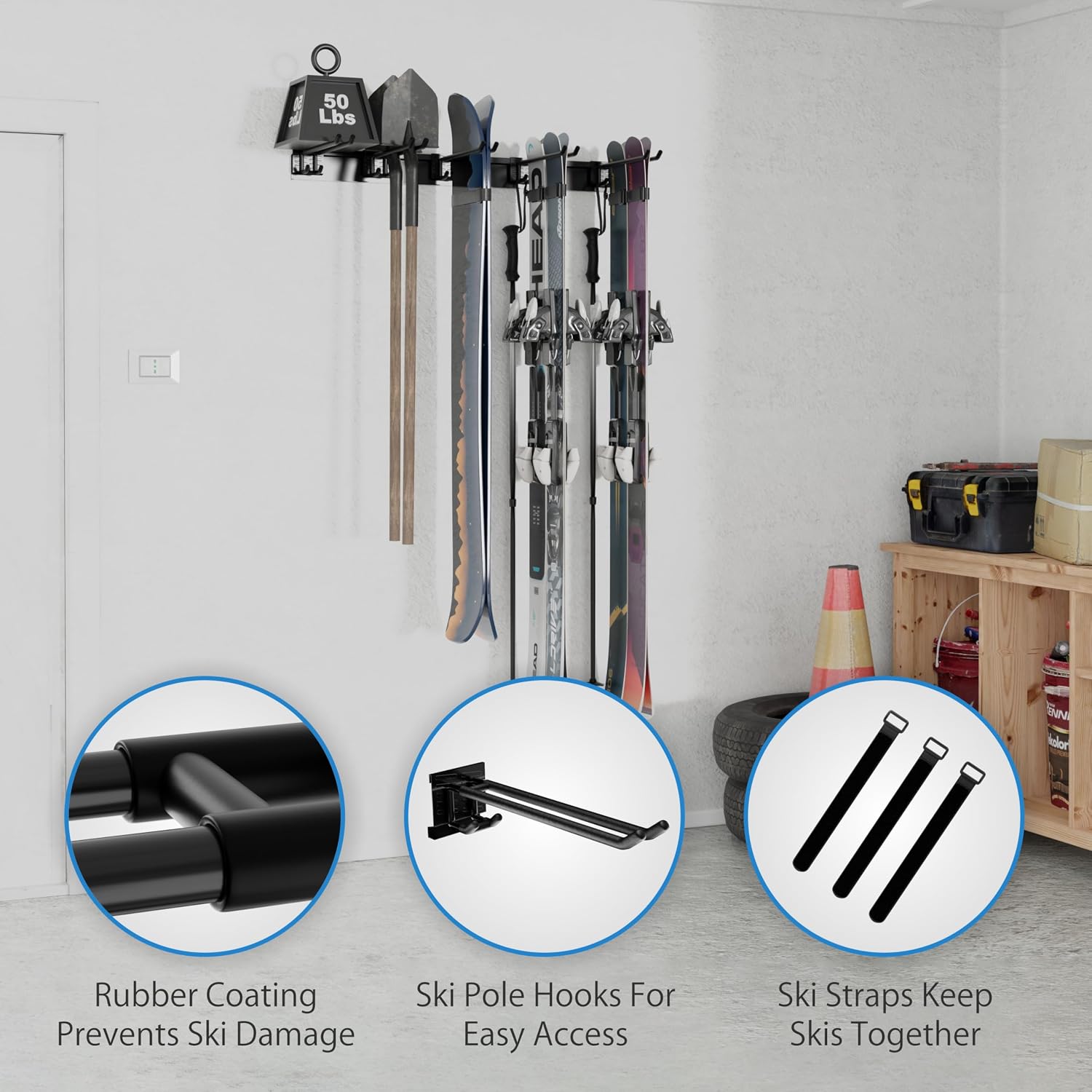 USA Based Ski Rack Wall Mount, Holds 6 Pairs for Ski Storage Rack, Snowboard Hanger & Ski Holders for Wall Storage