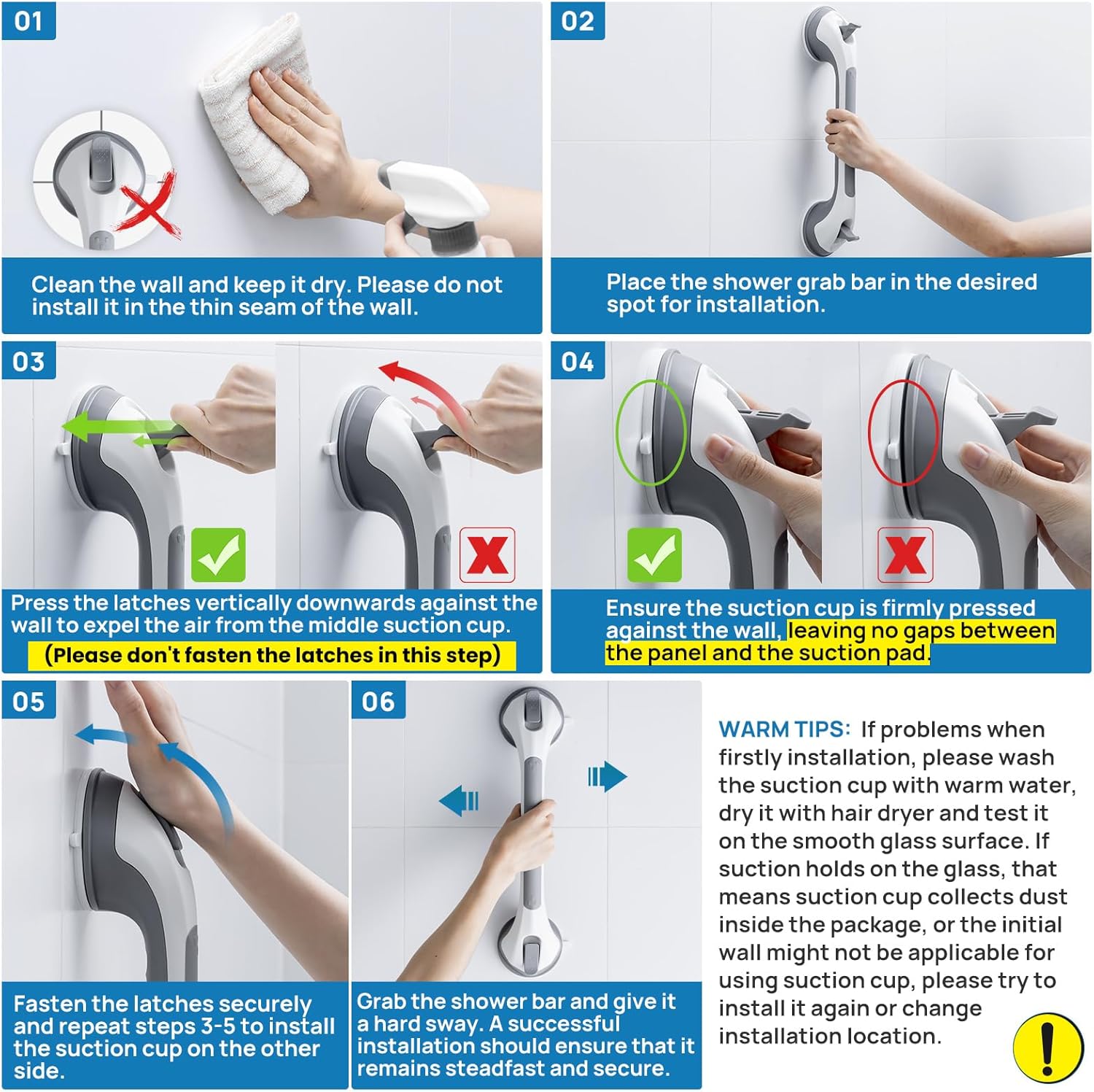 2 Pack Shower Grab Bars for Bathtubs and Showers, Easy to Install Suction Shower Handles for Bathroom Removable