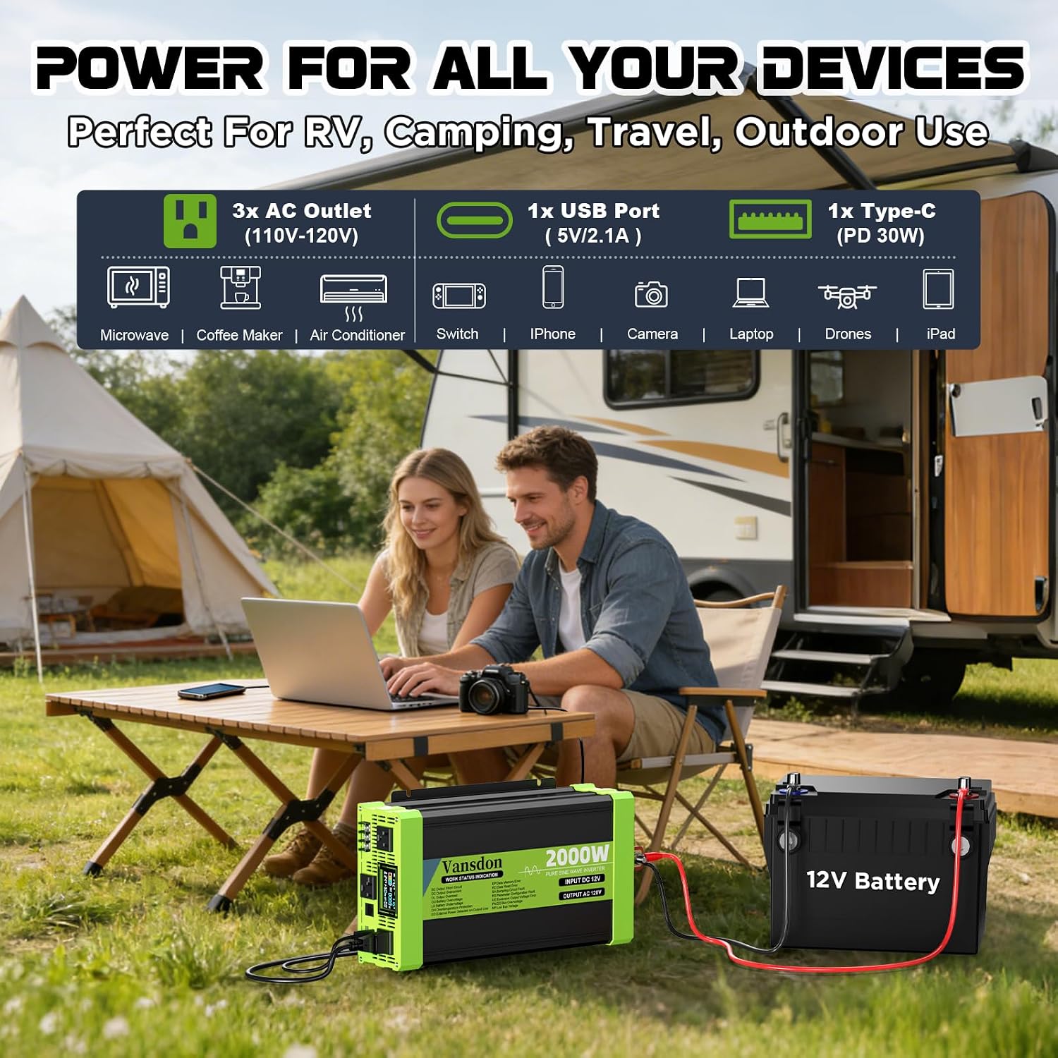 2000W Pure Sine Wave Inverter 12V DC to 120V AC Inverters for RV,Truck, Solar, Home, Off-Grid, Car Power Inverter