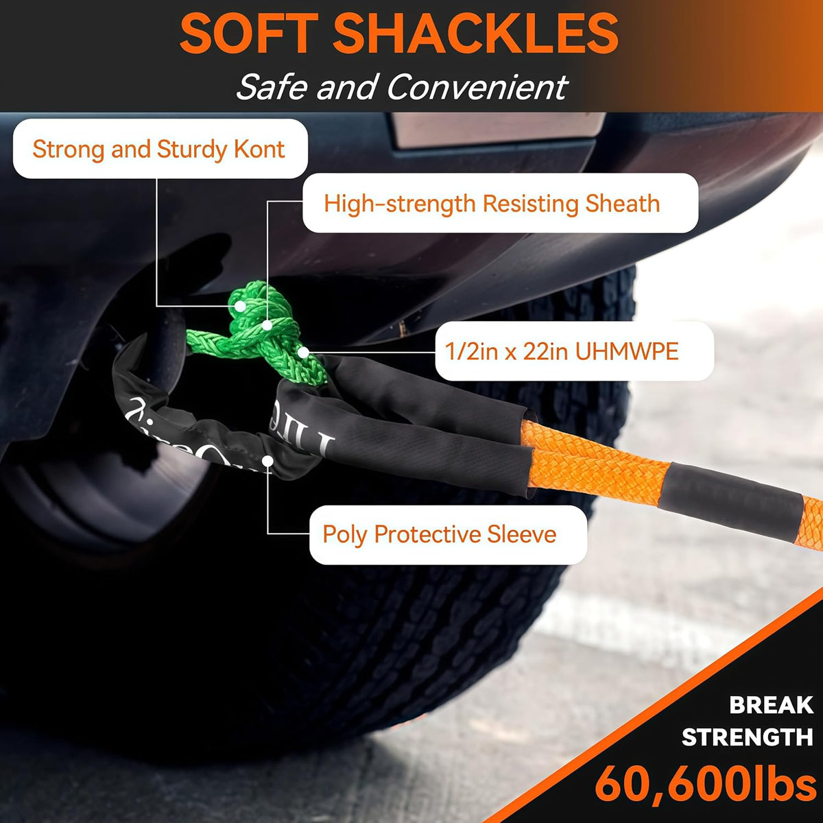 Kinetic Recovery Rope 1" x 30ft 48500lbs, Tow Strap with 2 Soft Shackles