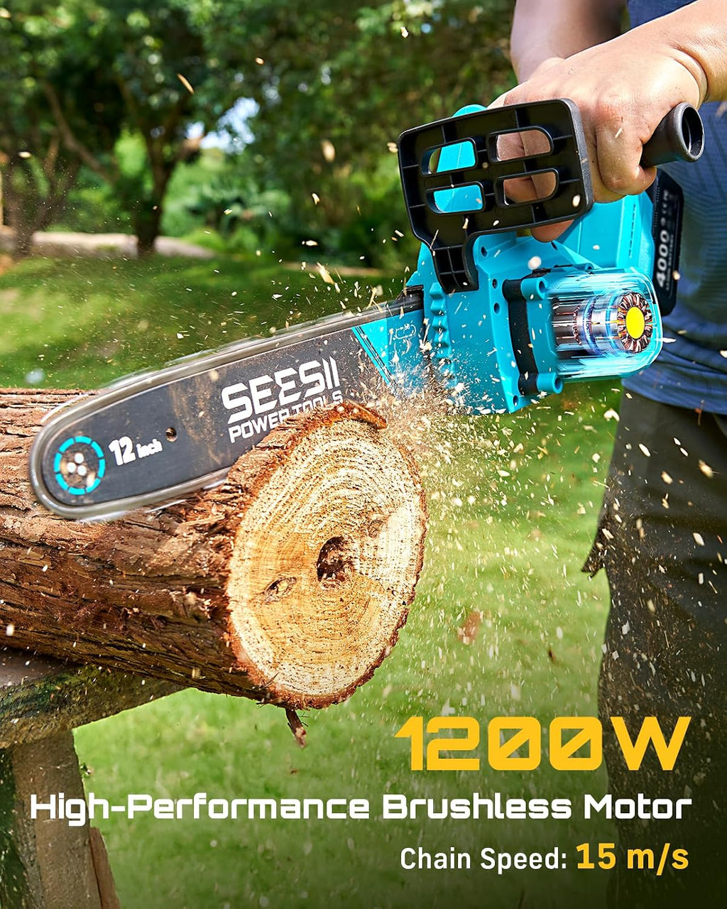 12-Inch Electric Chainsaw Cordless, Brushless Motor | 2 x 4.0Ah Battery, Auto Oiling, Tree Saw with Tool-free Chain