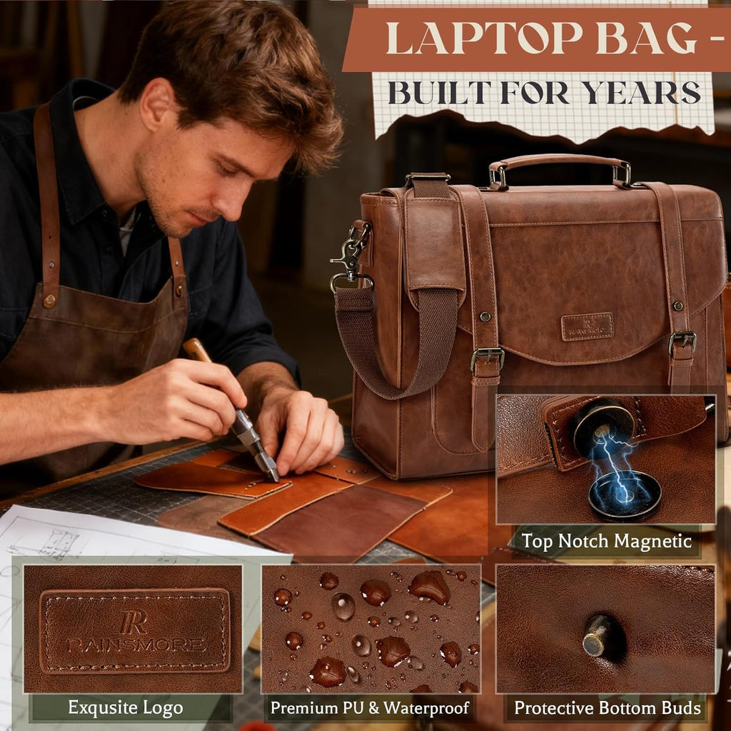 Flap Messenger Bag for Men Vintage PU Leather Laptop Bag 15.6 Inch Retro Briefcase with Wallet Satchel Computer Bag