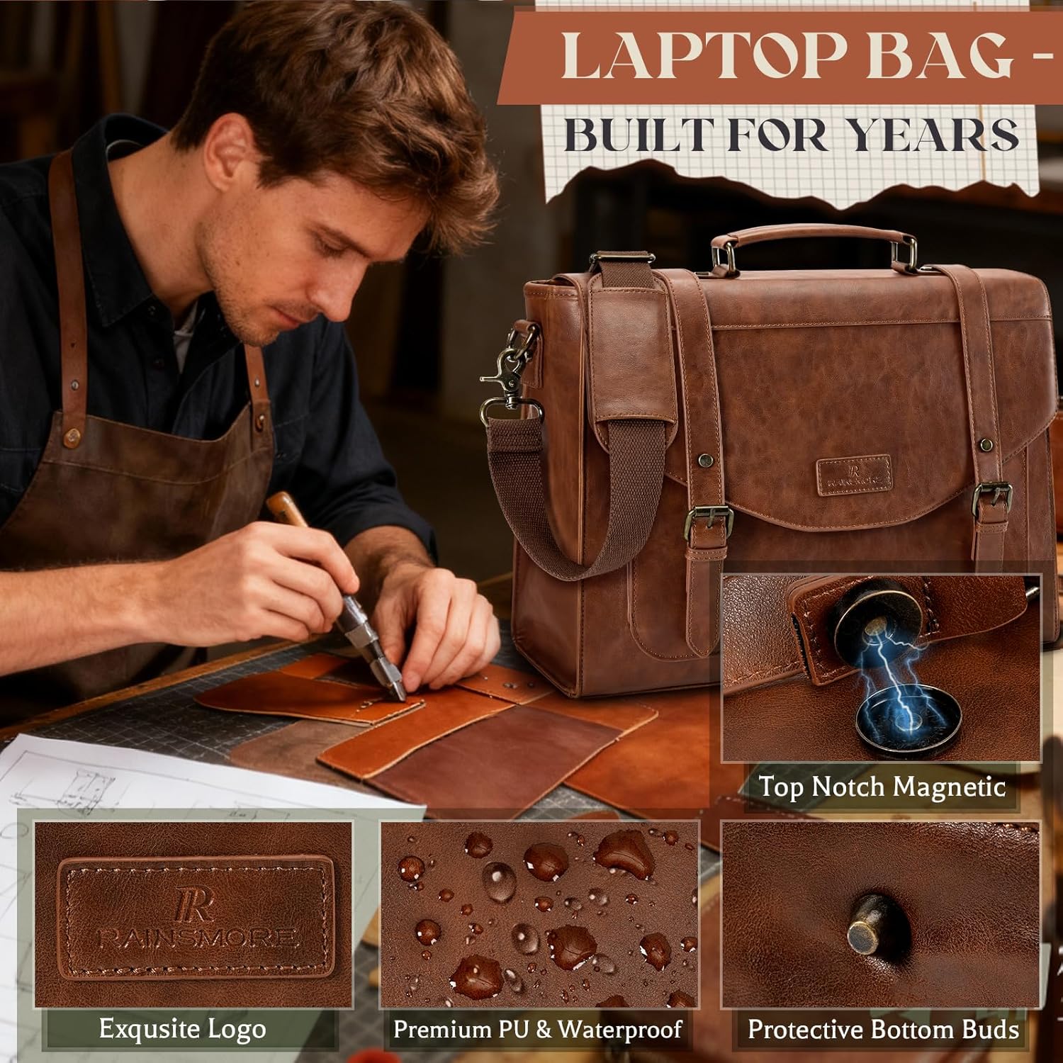 Flap Messenger Bag for Men Vintage PU Leather Laptop Bag 15.6 Inch Retro Briefcase with Wallet Satchel Computer Bag