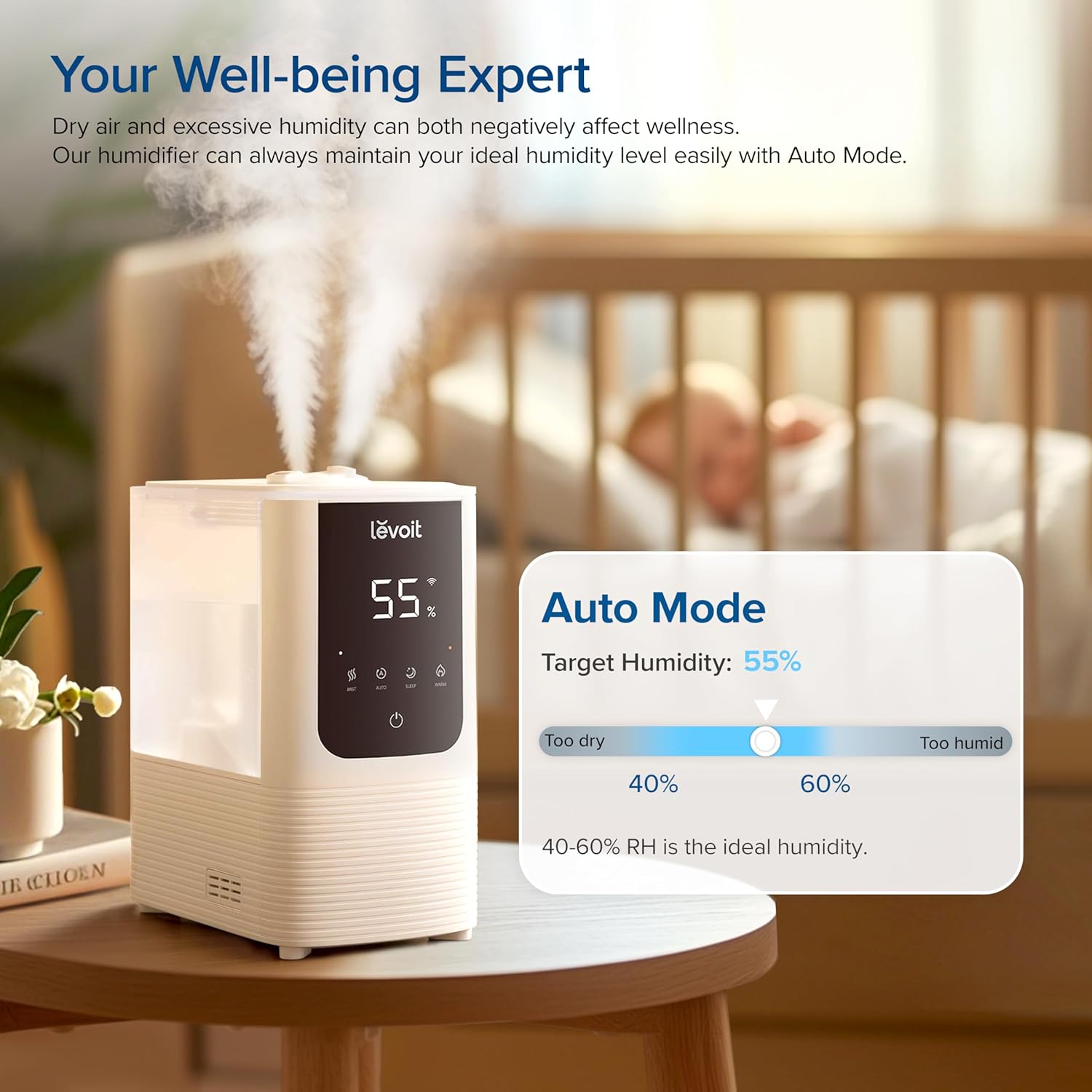 Humidifiers for Bedroom, Smart Warm and Cool Mist, Symptom Relief | OasisMist 4.5L Top-Fill Tank Runs 45H, Large