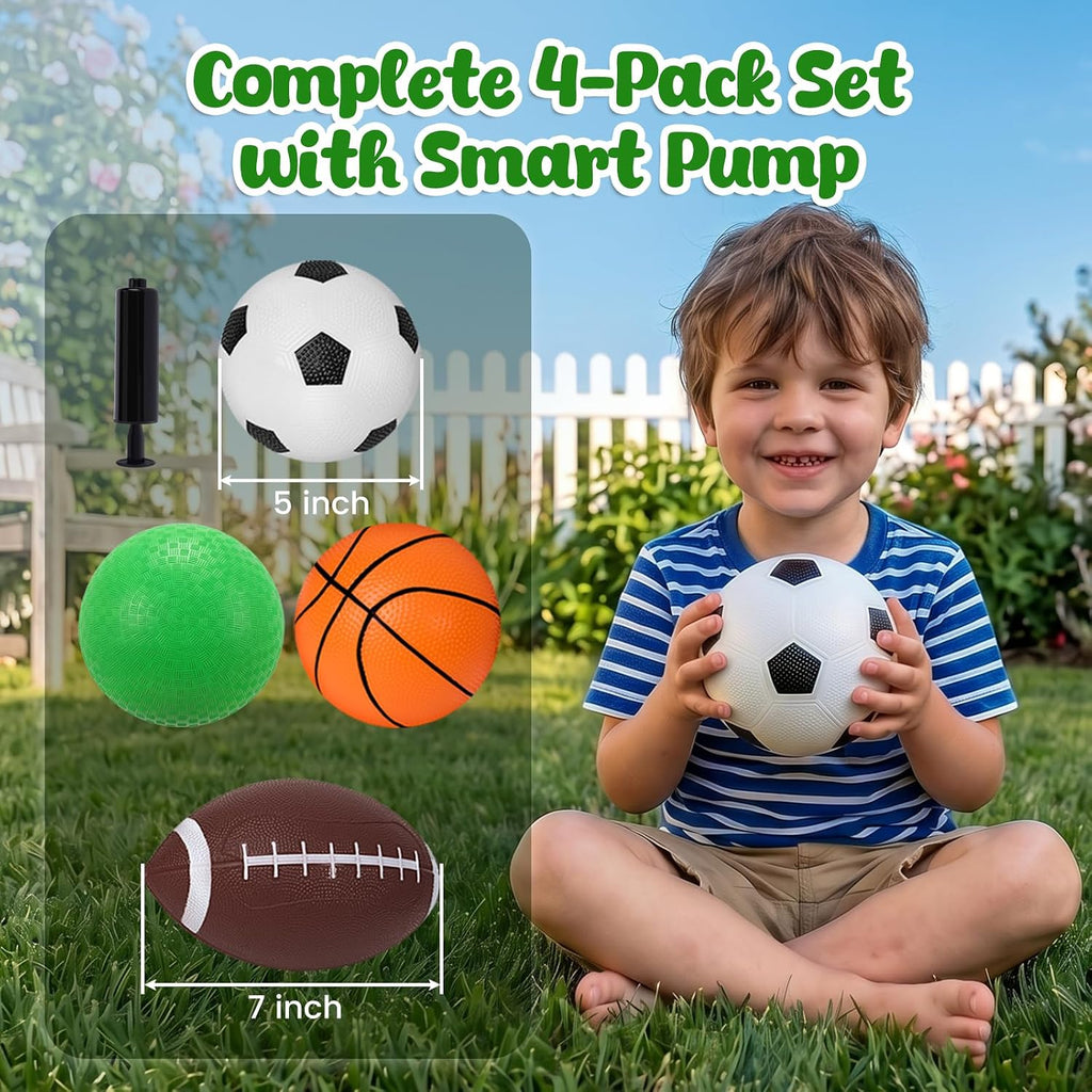 4-Pack Sports Balls for Toddlers & Kids, Playground Balls with Pump, 5-Inch Soccer Ball, Basketball, Kickballs