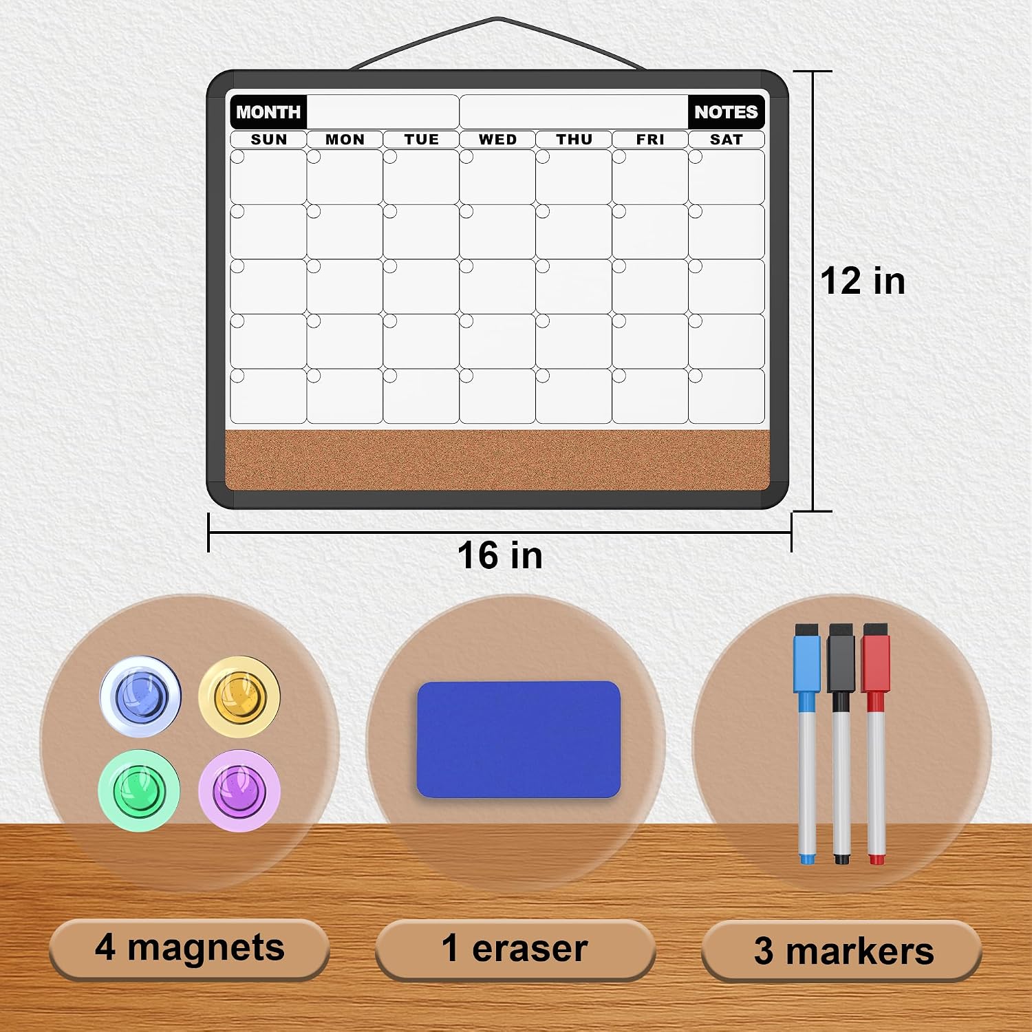 Monthly Calendar Dry Erase Board 16x12 Inch, Double-Sided Whiteboard and Corkboard Combo with Black Plastic Frame