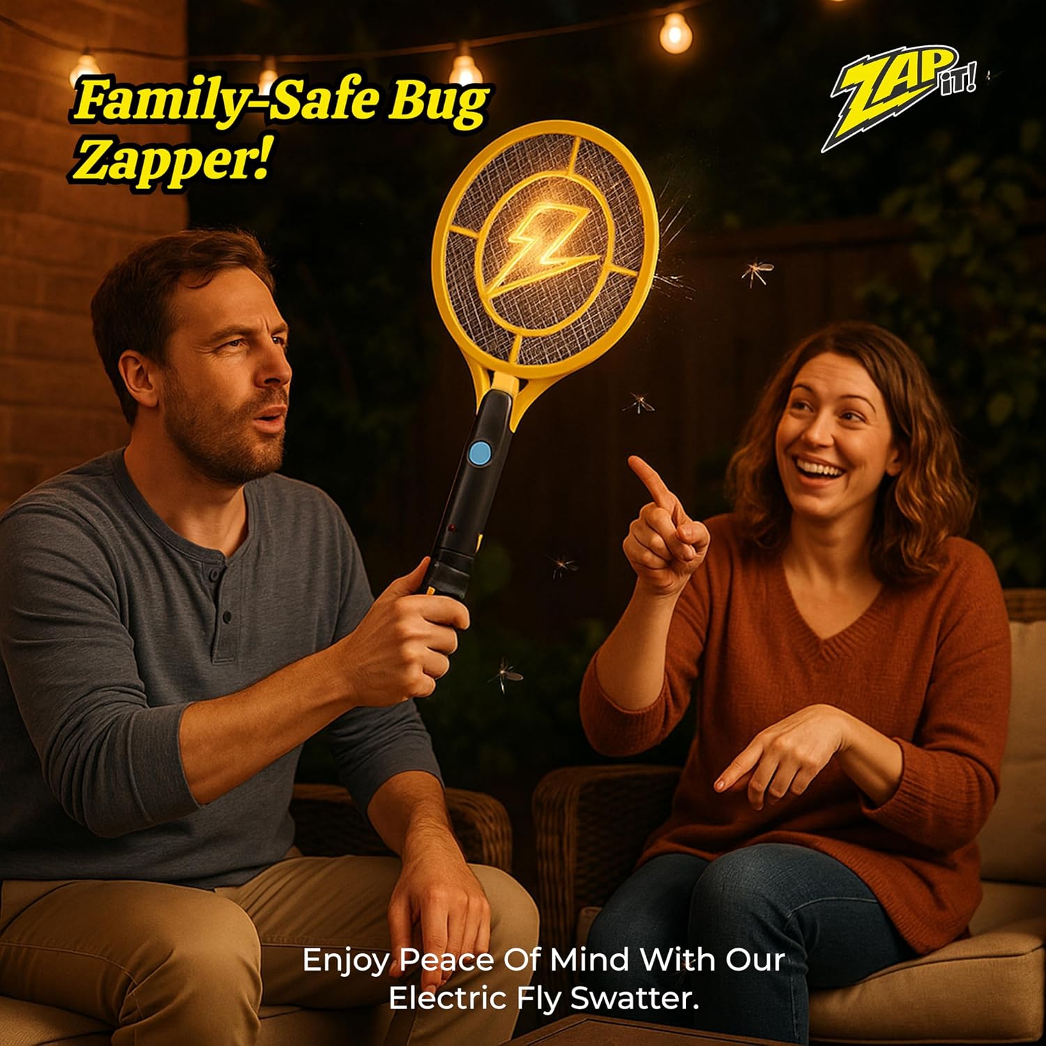 Rechargeable Electric Fly Swatter Racket - 4,000-Volt Mosquito Zapper with USB Charging Cable and Super-Bright LED
