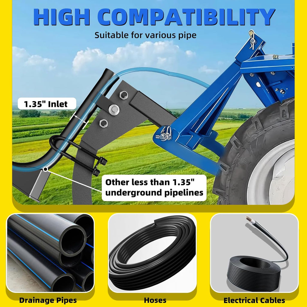 Upgraded Pipe Layer Attachment Fits Hitch Mounted Trencher Ripper, 1.35" Widened Inlet, Flexible Pipe Layer Fits Any