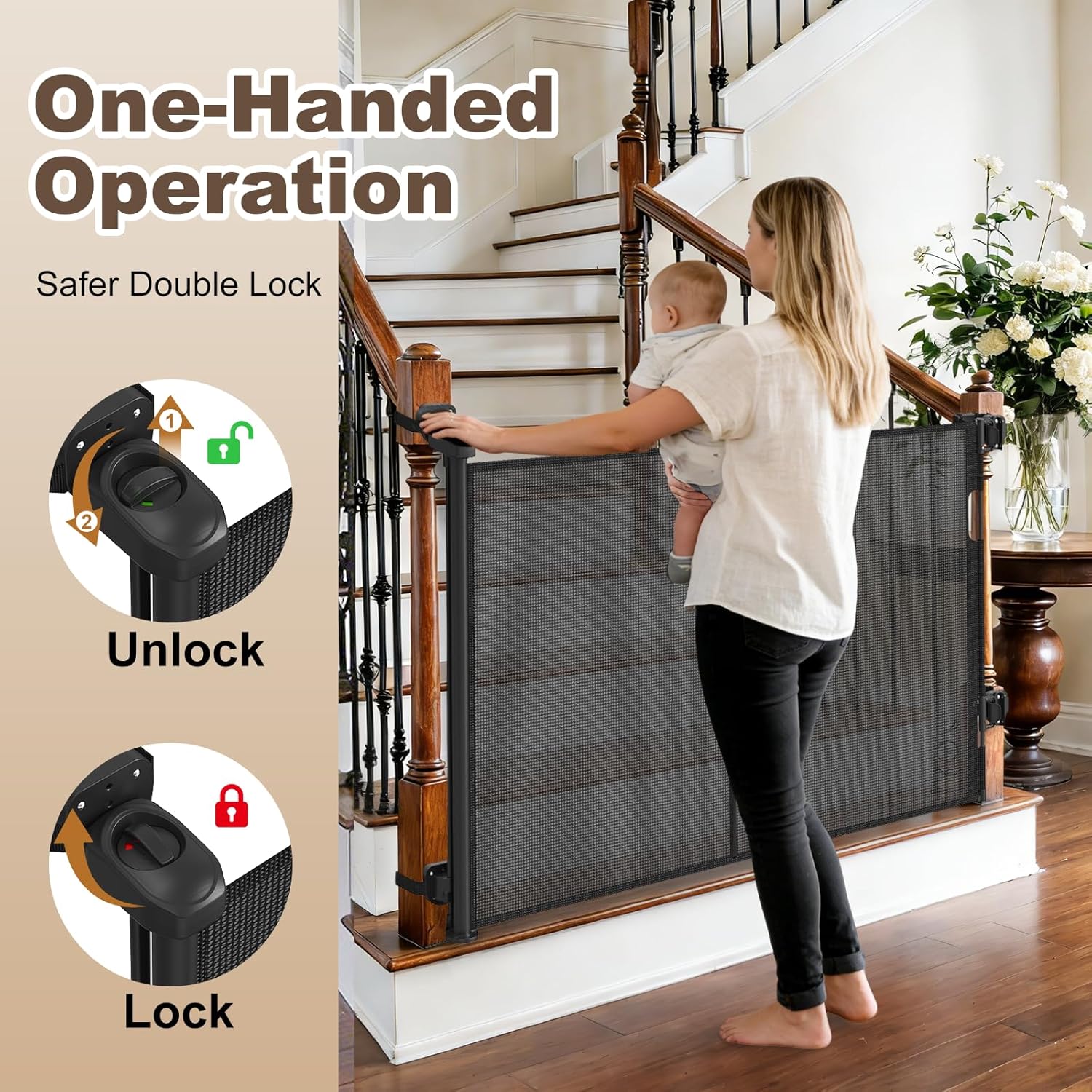 Upgraded Retractable Baby Gates for Stairs & Banister, Mesh Dog Gate Indoor, Extends to 55" Wide 33" Tall, Child
