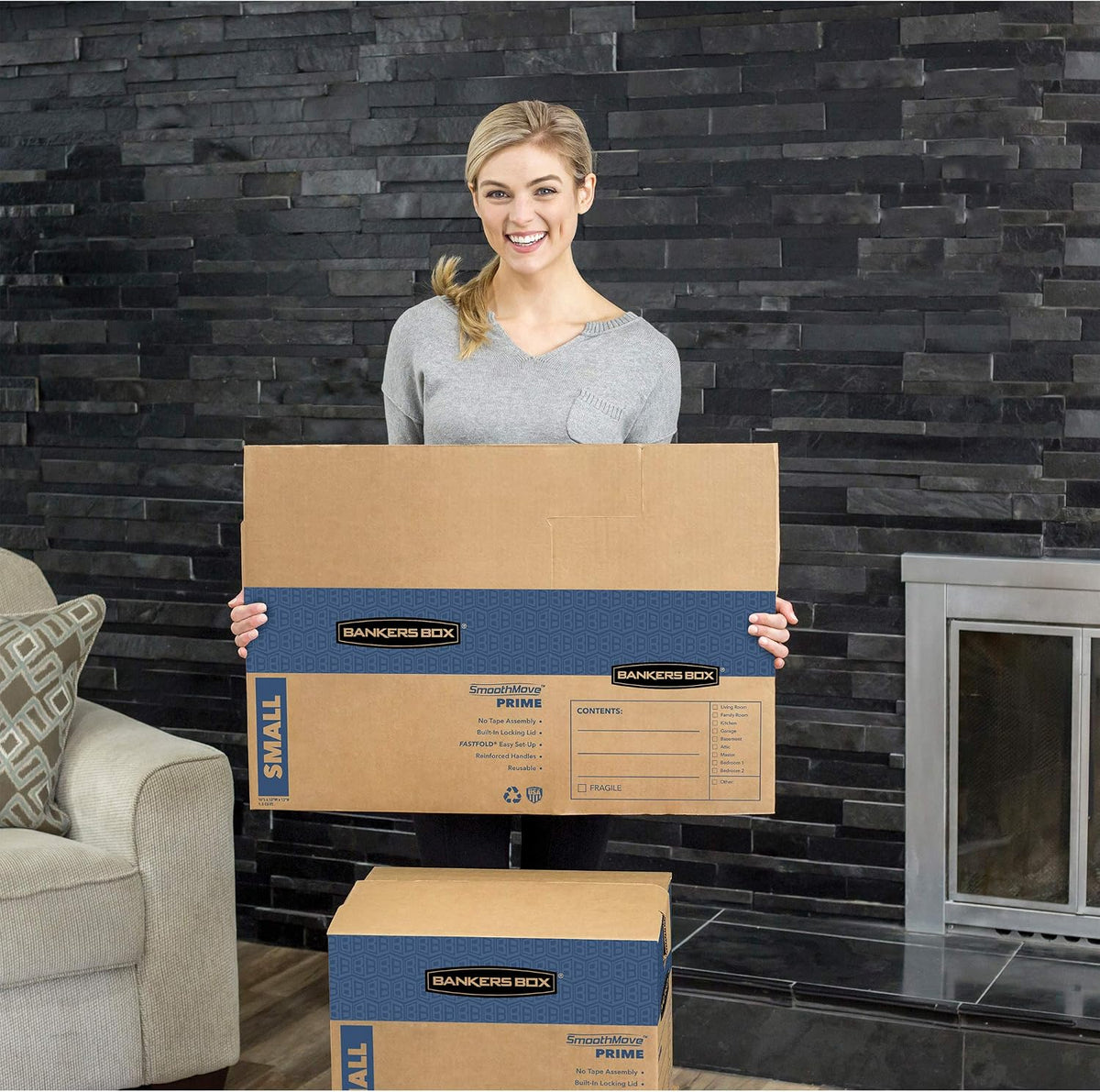 Small Prime Moving Box 5 Pack, Reinforced Handles, Tape-Free Assembly, Attached Lid, 16-in x 12-in x 12-in (8862701)