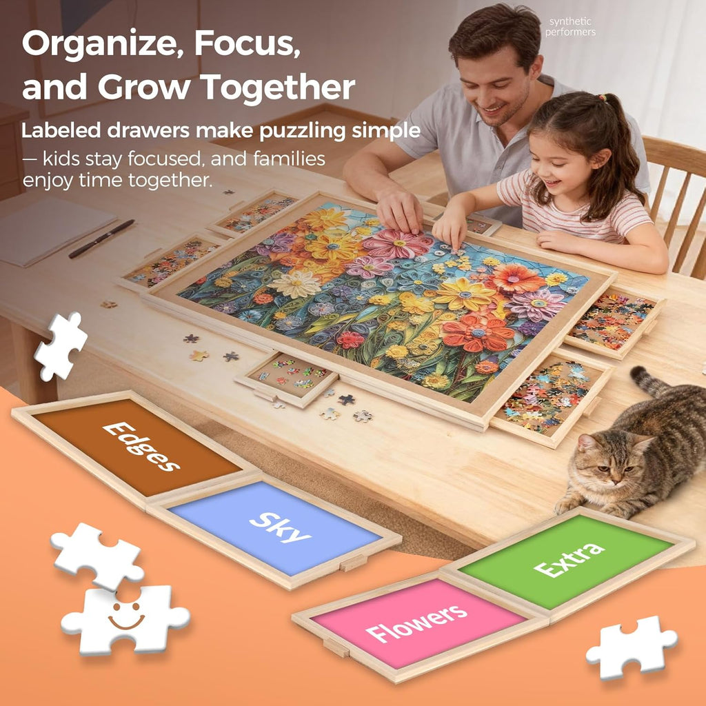 1000 Pieces Rotating Puzzle Board with 6 Drawers and Cover,22.44"x30.16"Portable Wooden Jigsaw Puzzle Table for