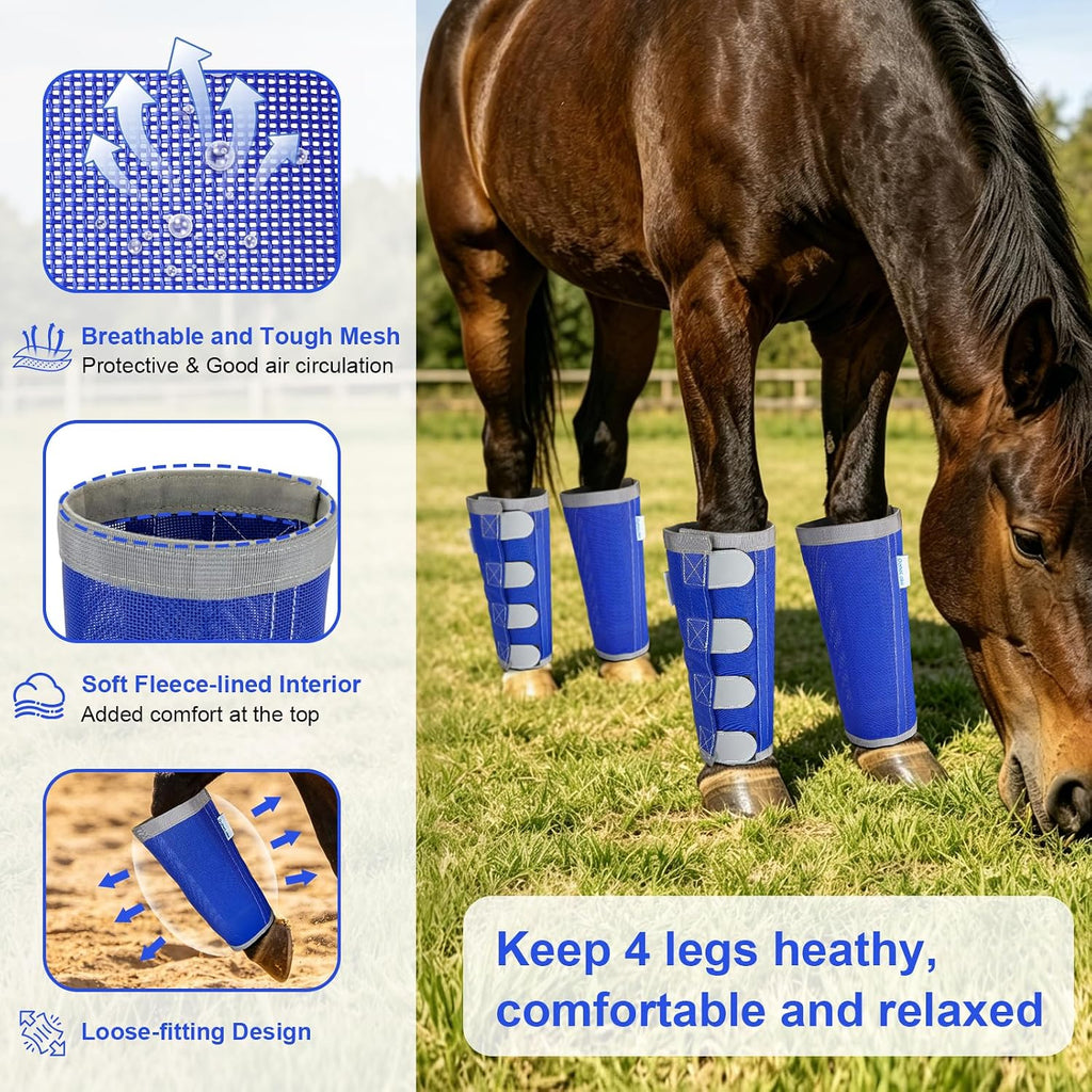 Reflective Horse Fly Boots Set of 4, Loose Fitting Leggings for Horses, Equine Fly Leg Wraps Socks for 4 Legs