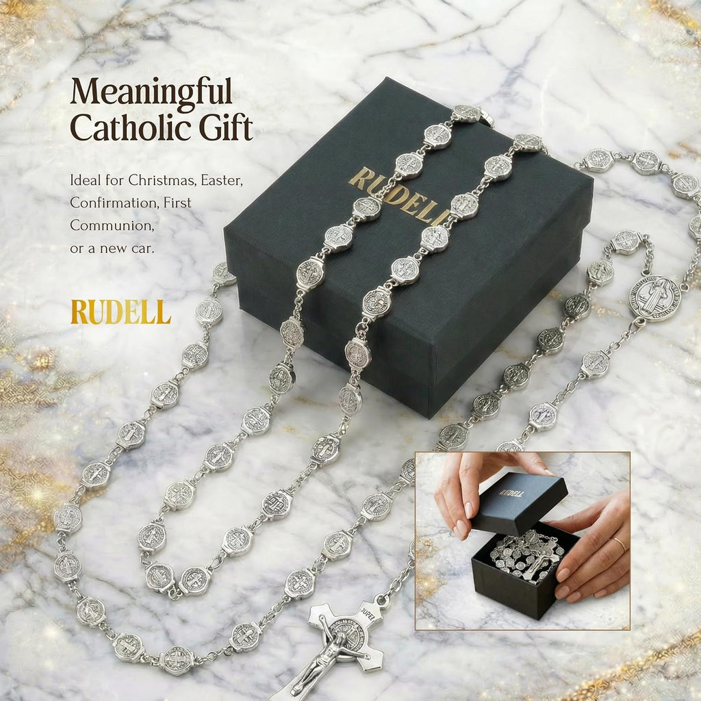 Rosary Beads Catholic for Women - Rosary Necklace for Women with Pearl Beads - Medal Cross Saint Benedict Rosary for