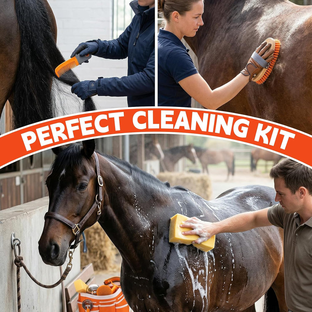 Horse Grooming Kit, 12-Piece Horse Brush Set with Storage Tote, Orange