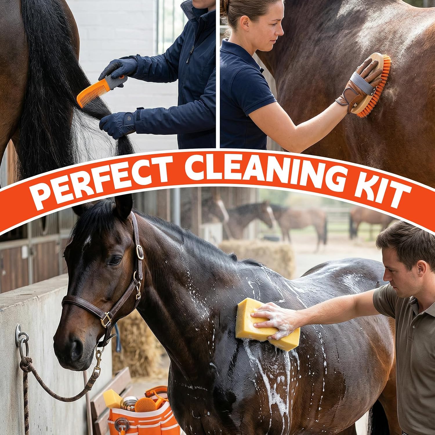 Horse Grooming Kit, 12-Piece Horse Brush Set with Storage Tote, Orange