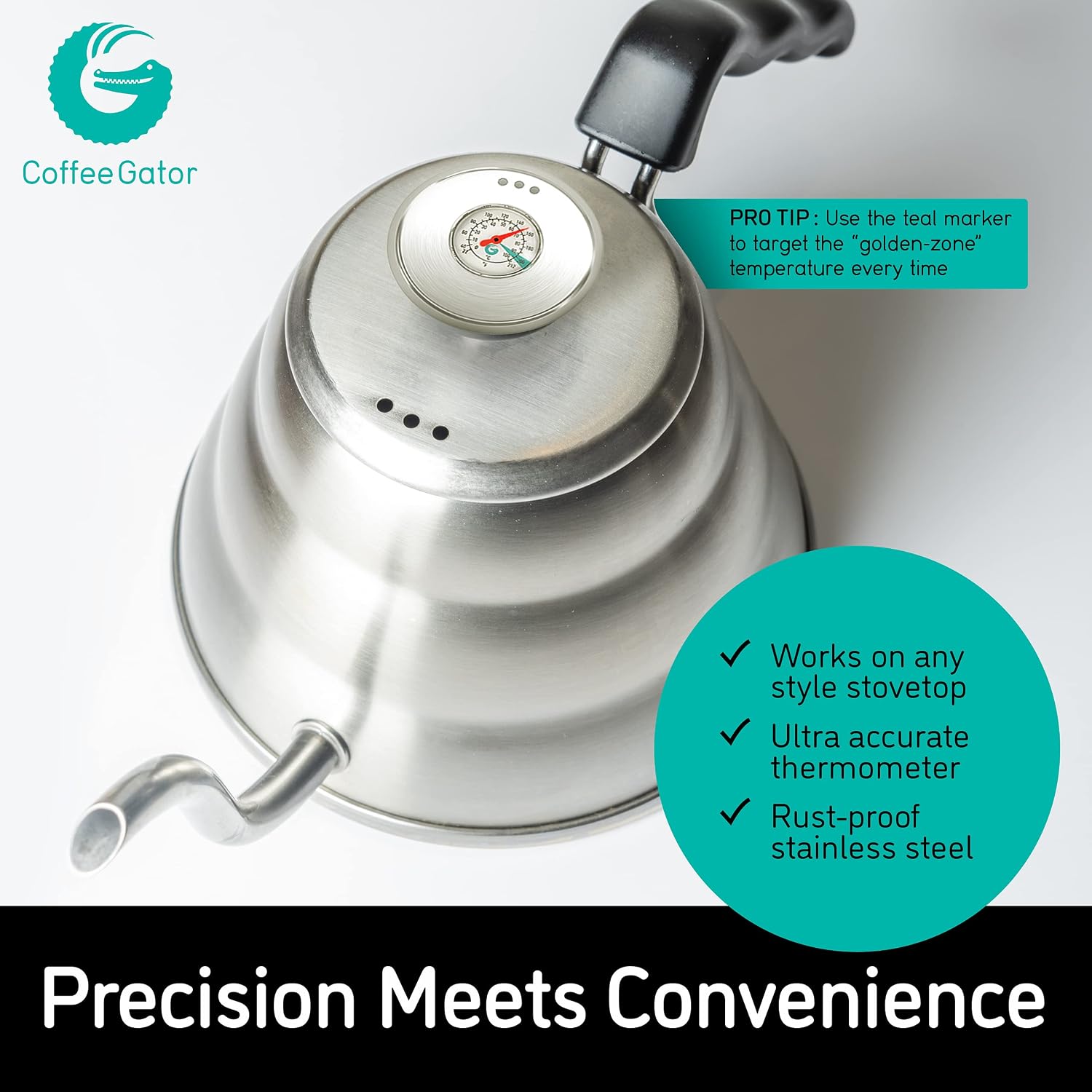 Gooseneck Kettle with Thermometer - 40oz Premium Stainless Steel Pour Over Coffee Maker Kettles, Stove Top