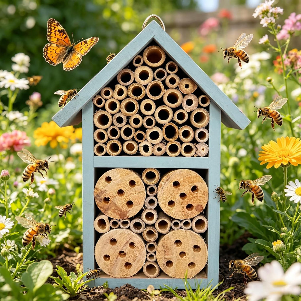 Hanging Bee House Wooden Insect House 9inch–Small Solitary Bee Hive for Garden, Beneficial Insect Habitat for