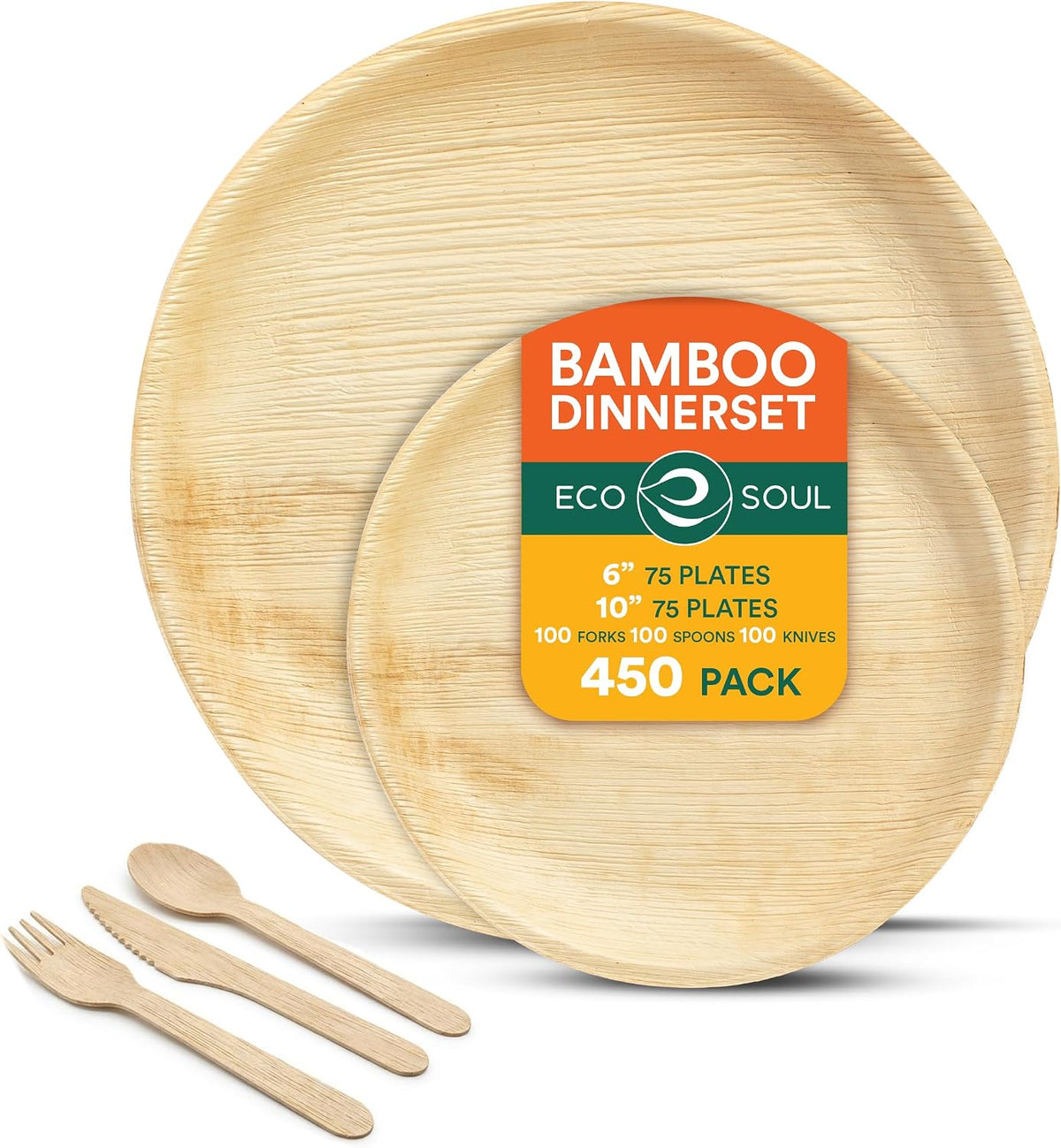 Bamboo Plates Combo Pack, (450 Pack, 6 & 10 Inch, Round)