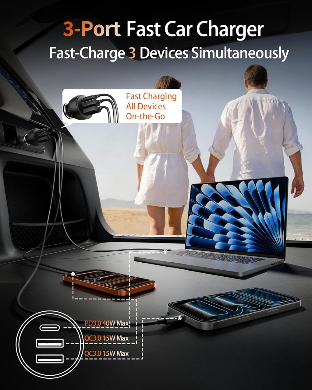 USB C Car Charger, 2 Pack 70W 3-Port PD/QC Fast Charging Cigarette Lighter USB Charger Car Phone Adapter Accessories