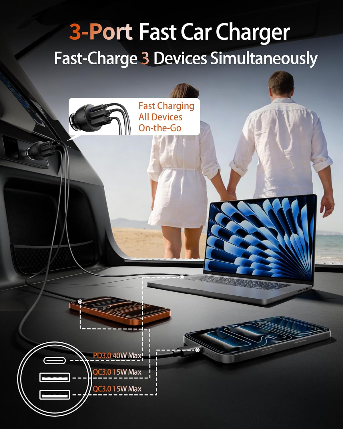 USB C Car Charger, 2 Pack 70W 3-Port PD/QC Fast Charging Cigarette Lighter USB Charger Car Phone Adapter Accessories