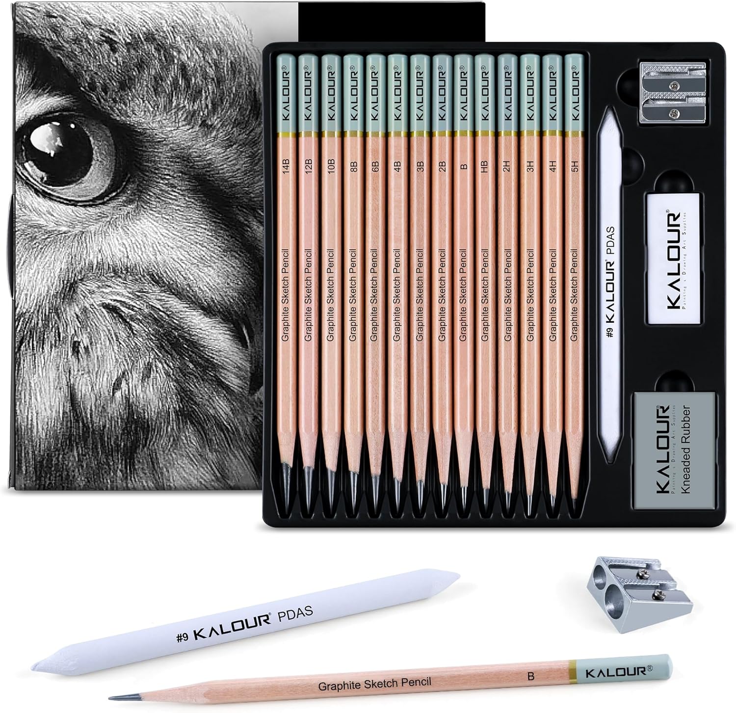 18-Piece Professional Sketch Pencil Set - Includes 5H to 14B Pencils, Vinyl Eraser, Kneaded Eraser,Sharpener and