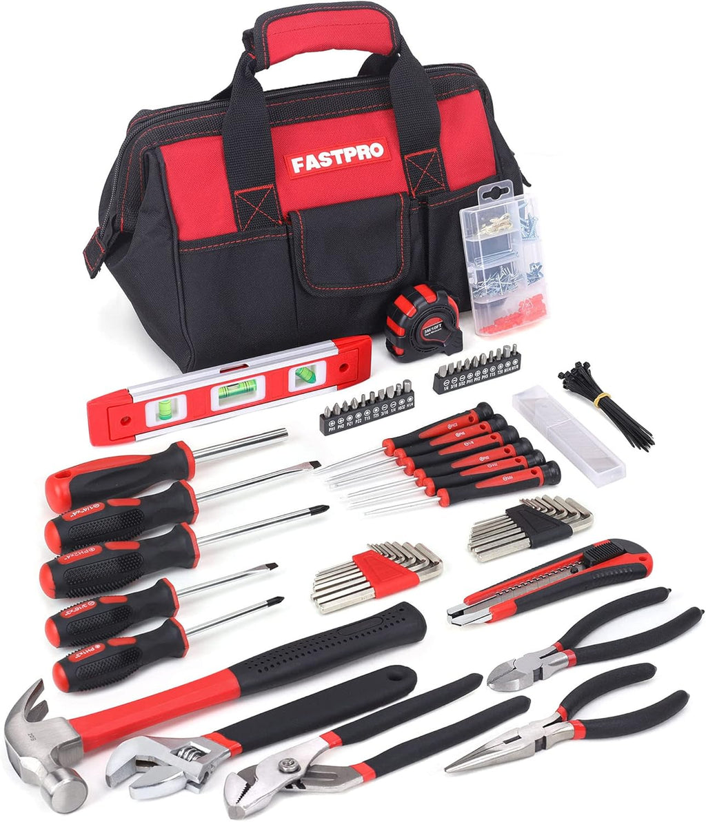 215-Piece Home Repairing Tool Set with 12-Inch Wide Mouth Open Storage Bag, Household Hand Tool Kit,Red