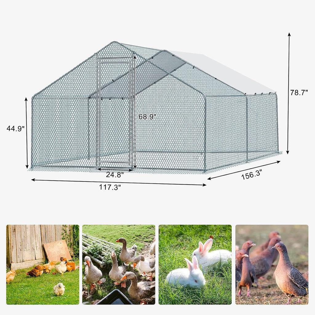 Chicken Coop, 13×10 FT Large Metal Chicken House, Poultry Habitat Cage with Waterproof Cover, Walk-in Chicken Run Pen