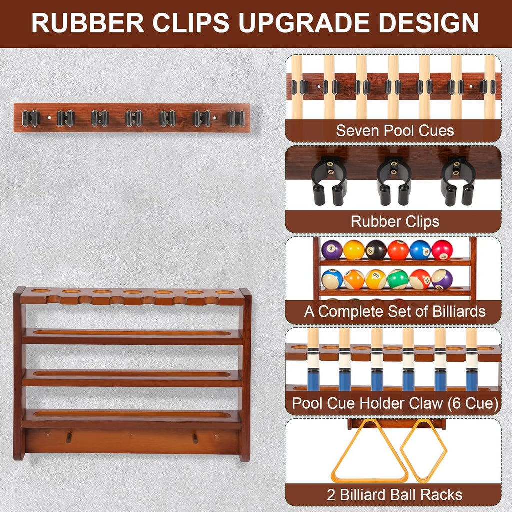 Pool Stick Holder - 7 Pool Cue Rack Wall Mount With Cue Rest and Ball holder, Wooden Pool Table Accessories Equipment