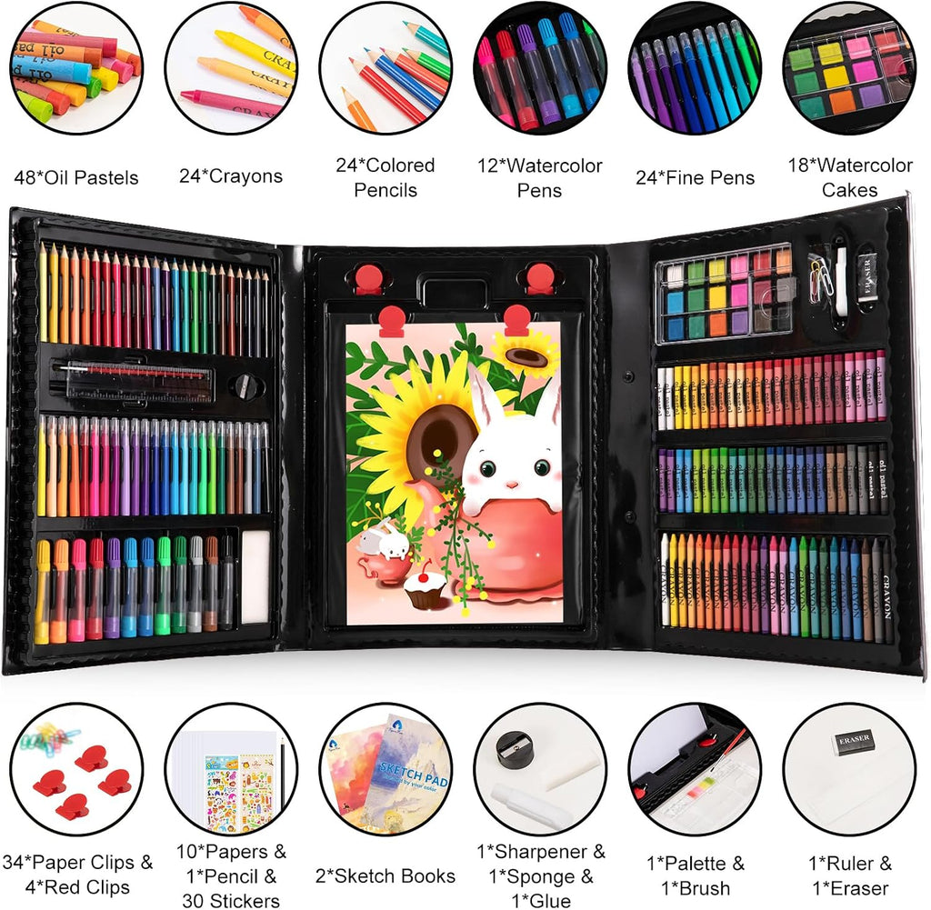 Art Supplies, 240-Piece Art Set Crafts Drawing Kits with Double Sided Trifold Easel, Sketch Pads, Crayons, Colored