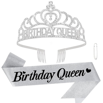 Silver Birthday Queen Sash and Crown for Girls Adult Woman Crystal Birthday Tiaras for Girls Princess Crowns