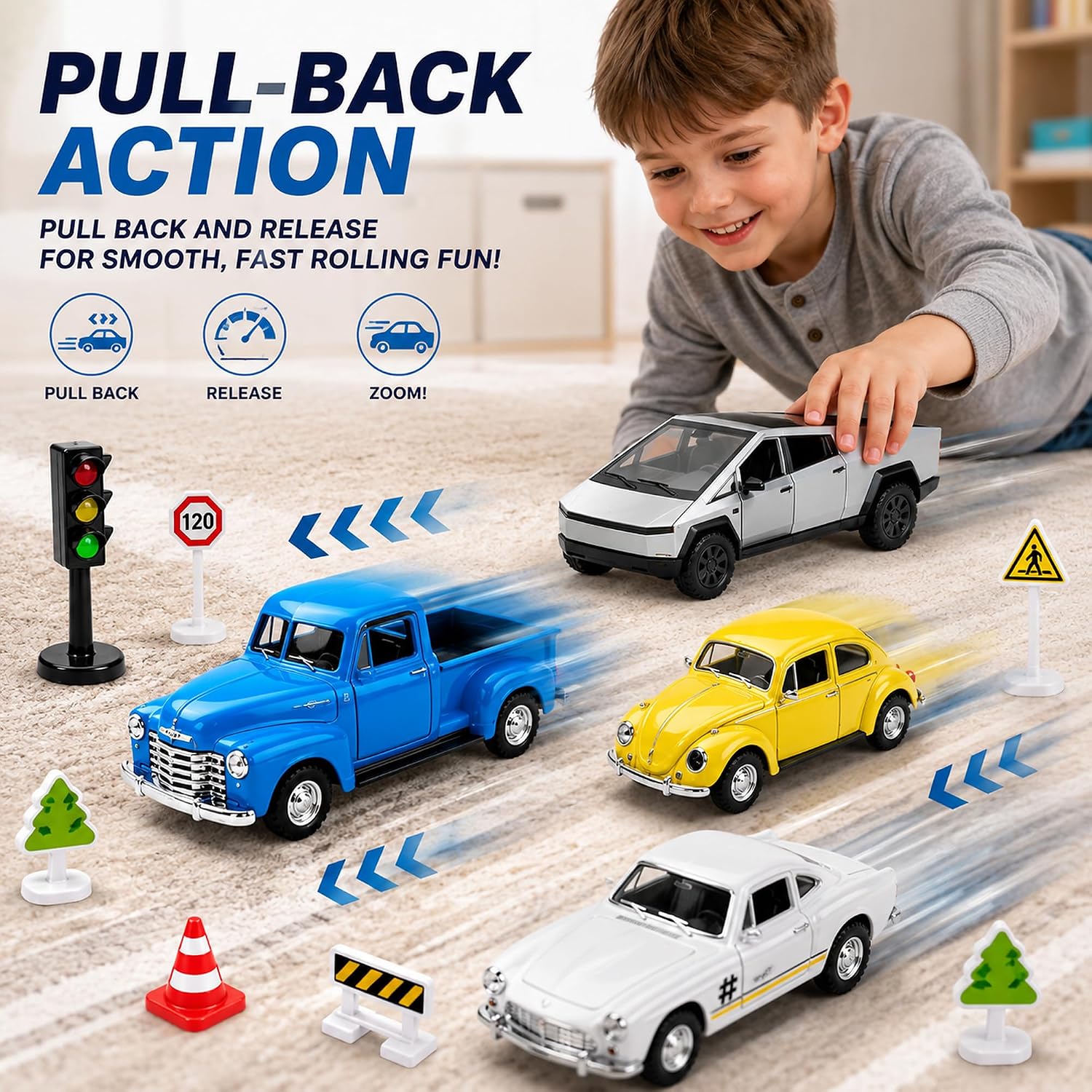 1:32 Die Cast Pull Back Truck Toys for Kids, Alloy Toy Cars with Openable Doors, Road Signs & Map Playset, Birthday