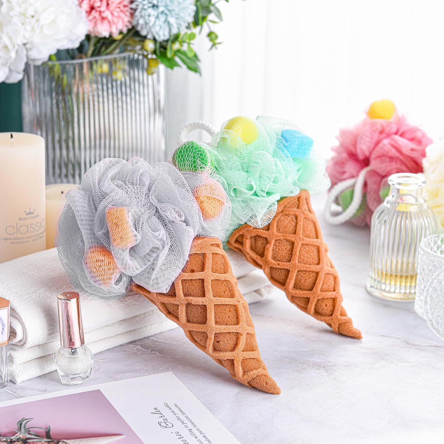 4 Pieces Kids Loofah Ice Cream Cone Bath Sponge Kids Bath Shower Sponge Body Scrubber Exfoliating Loofah for Spa Shower