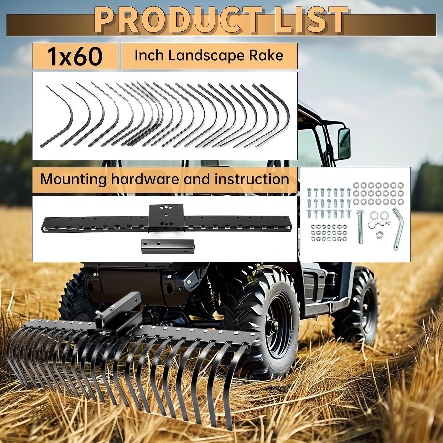 60 Inch Landscape Rake Pine Straw Rake Tractors Rake Fit for 2 Inch Receiver ATV UTV SxS Features 48" or 60"