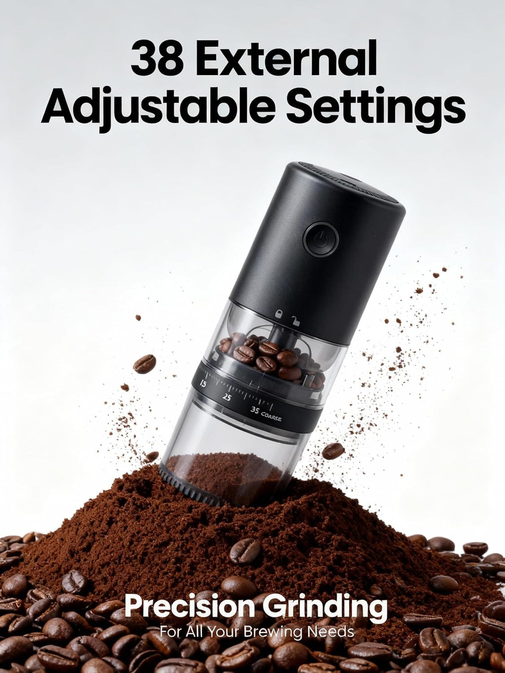 Portable Electric Burr Coffee Grinder - Grind While Charging - Visual Bean Hopper - 38 External Grind Settings - 1.8X