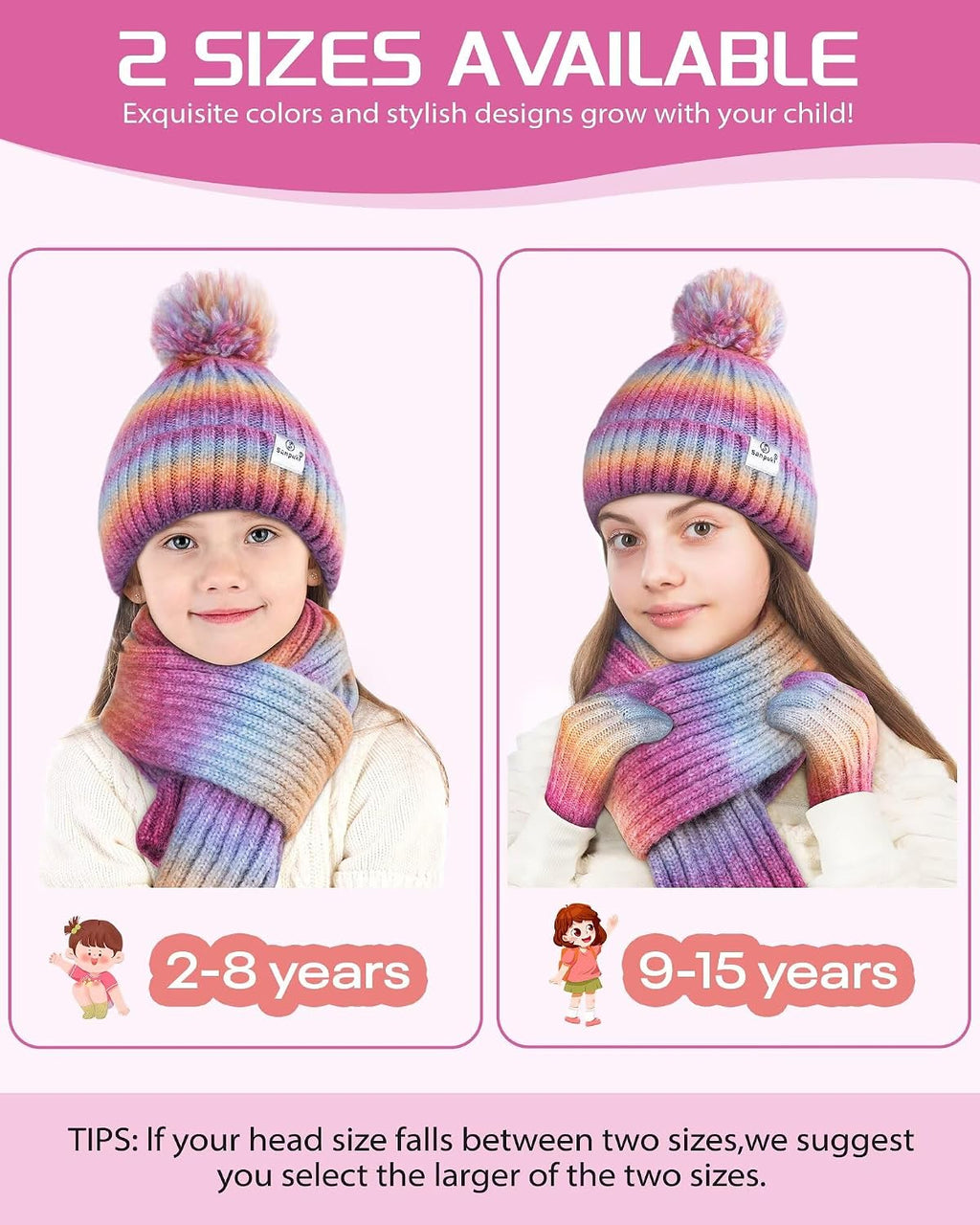 Kids Winter Beanie Gloves Scarf Set,Girls Toddler Winter Hat With Pom Neck Warmer Gaiter Mittens Fleece Lined Set
