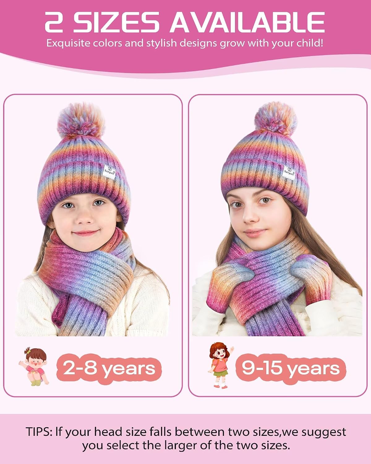 Kids Winter Beanie Gloves Scarf Set,Girls Toddler Winter Hat With Pom Neck Warmer Gaiter Mittens Fleece Lined Set