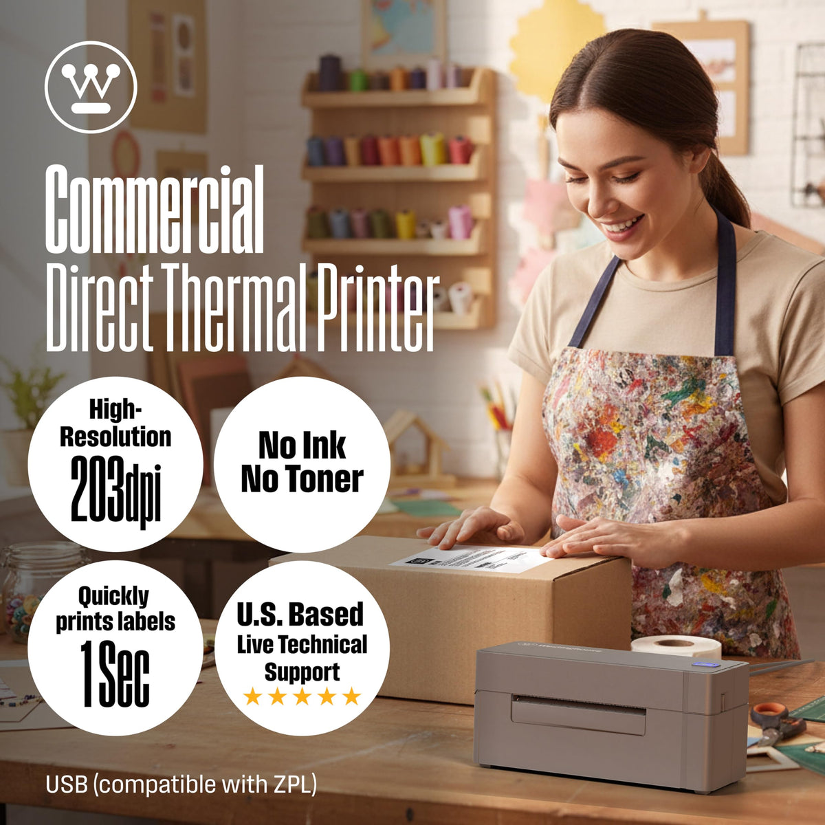 USB Shipping Label Printer for Mac & Windows, Compatible with USPS, UPS, FedEx, Amazon, & More, Commercial Grade