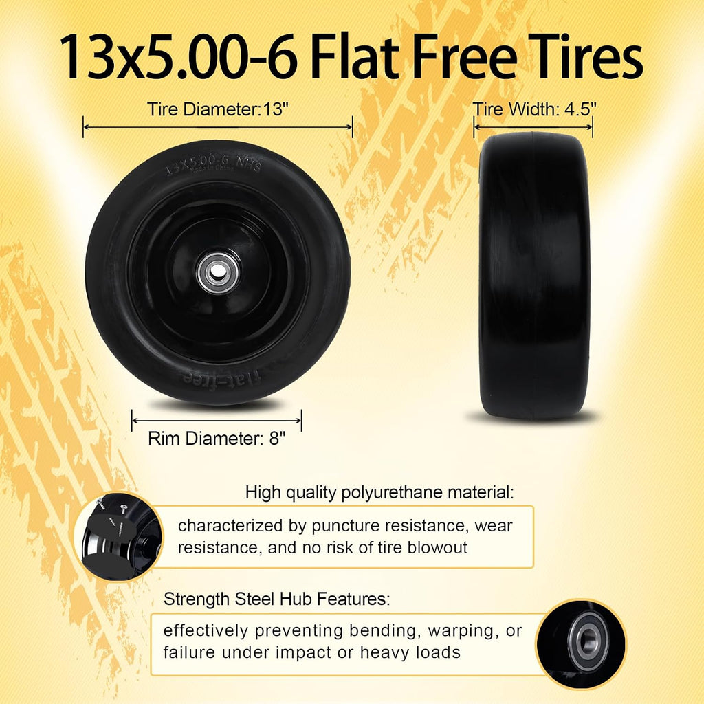 2-Pack 13x5.00-6 Tires for Zero Turn Mower | with Upgraded 3/4" 5/8" and 1/2" Bearing ,13x5.00-6 Flat Free