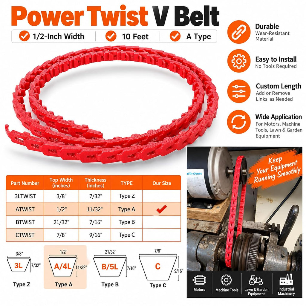 10FT 1/2"Adjustable Link Belt, A/4L Type Power Twist V-Belt 1/2 Inch*10Feet