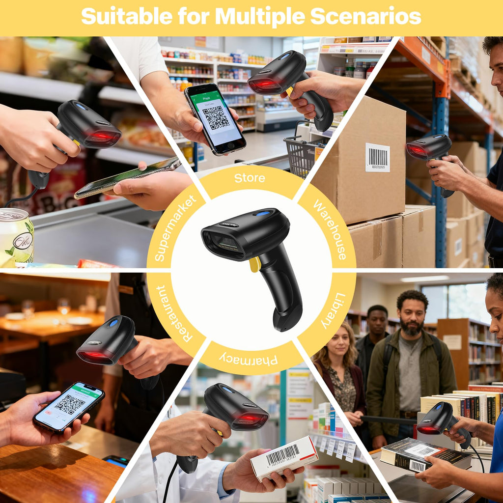Bluetooth 1D&2D Barcode Scanner, 3-in-1 Bluetooth & USB Wired & 2.4G Wireless QR Barcode Reader, PDF417 Data Matrix